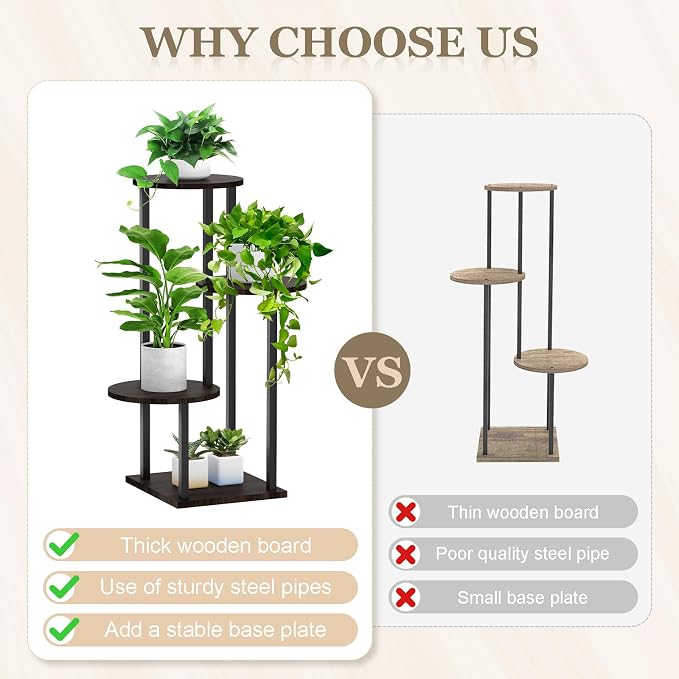 4 Tier Plant Stand Indoor, Metal Wooden Tall Plant Shelf Flower Pot Stand for Multiple Plants, Corner Flower Holder Plant Display Rack for Living Room Balcony Patio Garden (Black)