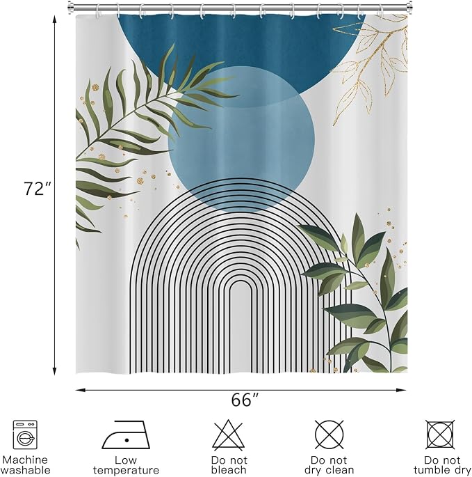 Boho Mid Century Shower Curtain, Light Blue Modern Minimalist Abstract Geometric Gold Plant Leaves Sun Arch Bathroom Curtains Waterproof Fabric Buthtub Curtain Set with Hooks 66" Wx72 L