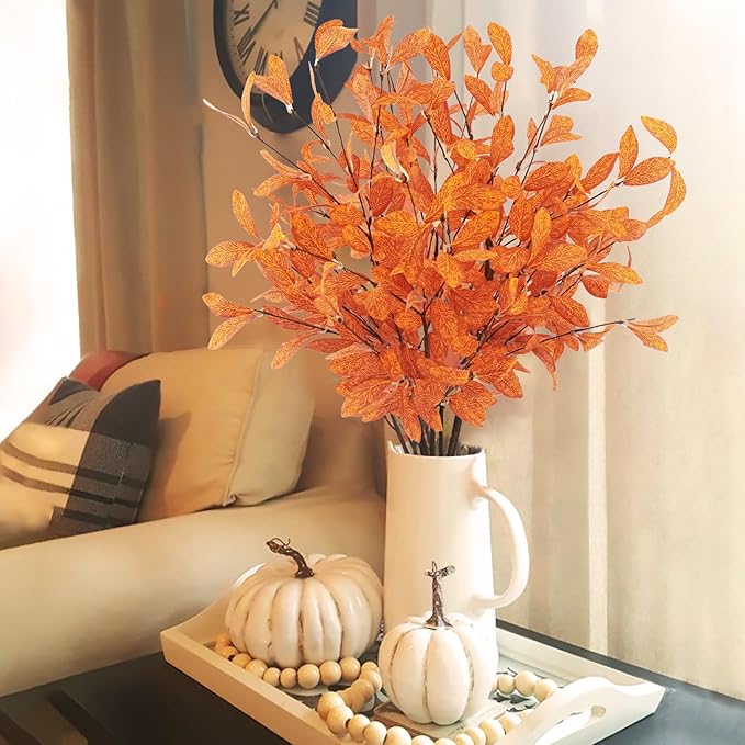 Uieke 6 Pcs Artificial Fall Eucalyptus Stems Fall Eucalyptus Leaves Plants Fall Decorations with Fall Leaves for Autumn Office Home Wedding Centerpiece Fall Florals Arrangement Decor (Orange)