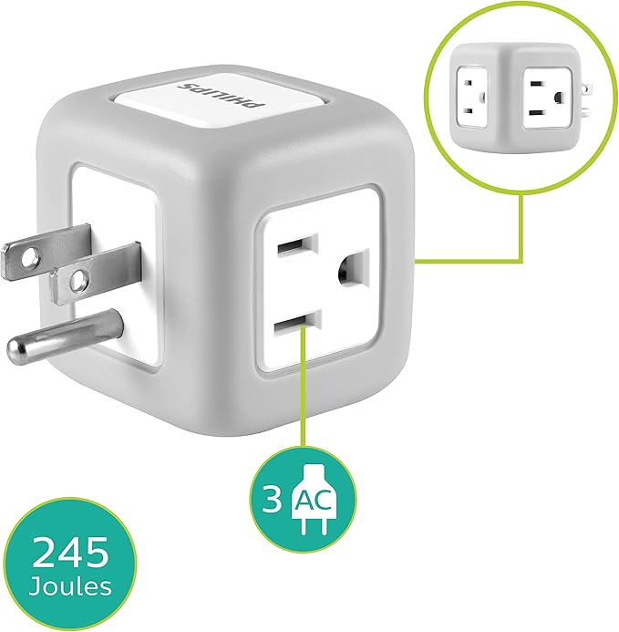 Philips 3-Outlet Extender, Surge Protector, Charging Station, Grounded Wall Tap, 3-Prong, Space Saving Design, Gray, SPP3002GR/37