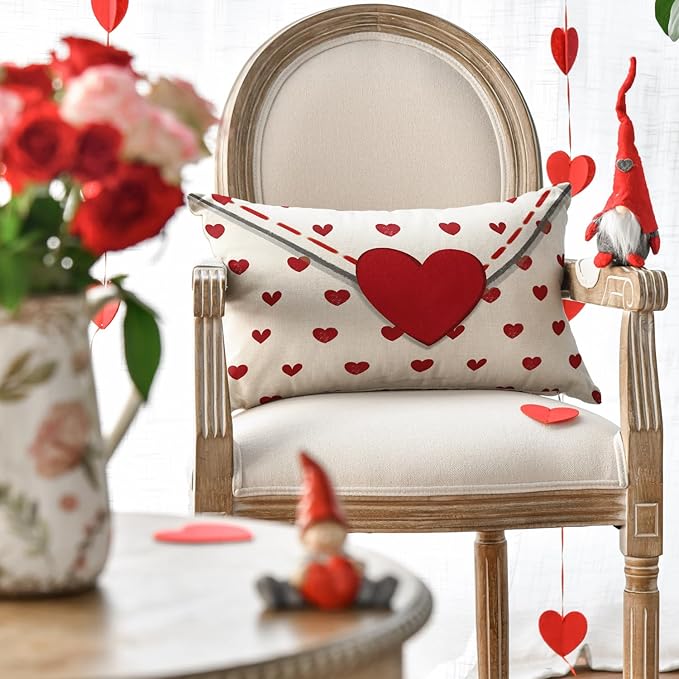 AVOIN colorlife Valentine's Day Envelope Throw Pillow Cover, 12 x 20 Inch Red Heart White Anniversary Wedding Cushion Case Decoration for Sofa Couch