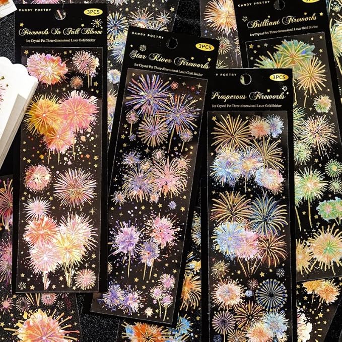 Holographic Fireworks Stickers for Journaling and Crafts, 12 Sheets Transparent PET Stickers for Scrapbooking, Junk Journal Supplies, Collage, DIY Paper Arts Decorative