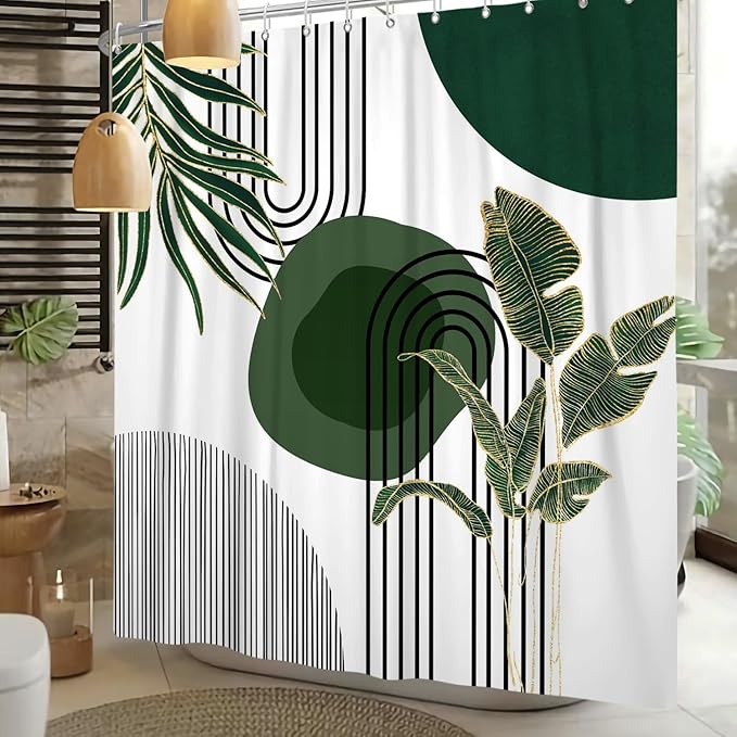 Mid Century Green Shower Curtain for Bathroom Boho Modern Abstract Plant Tropical Leaves Bathroom Curtain Set Geometric Arch Minimalist Waterproof Fabric Bath Decor 72x78 inch