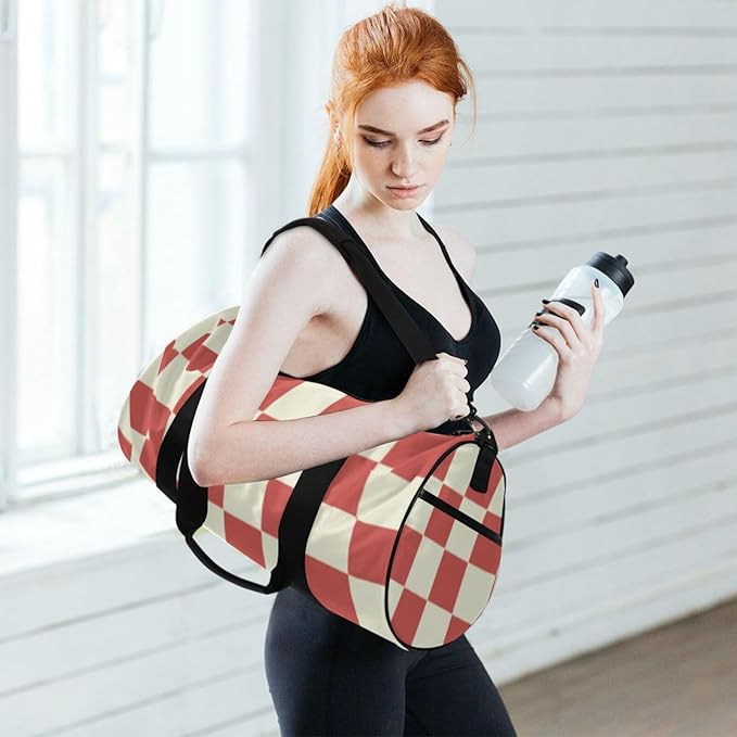 Red Beige Checker Plaid Foldable Personal Item Travel Bag Workout Travel Tote Gym Bag
