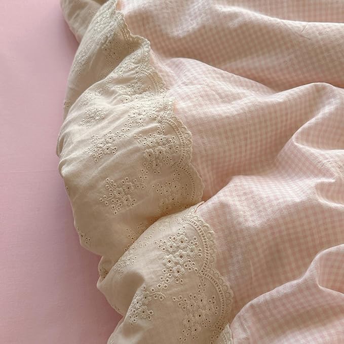 LifeTB Pink Gingham Comforter Set Full Size Soft Fluffy Romantic Lace Bedding Set Cottagecore Cute Plaid Checkered Comforter Set 3 Pieces Pink Grid Farmhouse Bedding Comforter with 2 Pillowcases