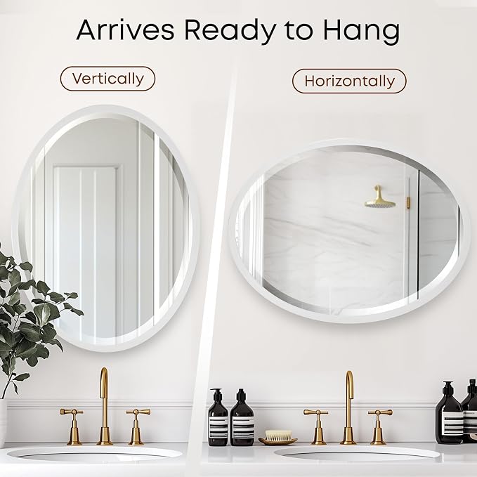 OVALCREST - Oval Wooden Beveled Wall Mirror for Home Decor, Bathroom, Vanity, Bedroom, Living Room, Hallway - London Style (Linen White) 37.1 x 25.1