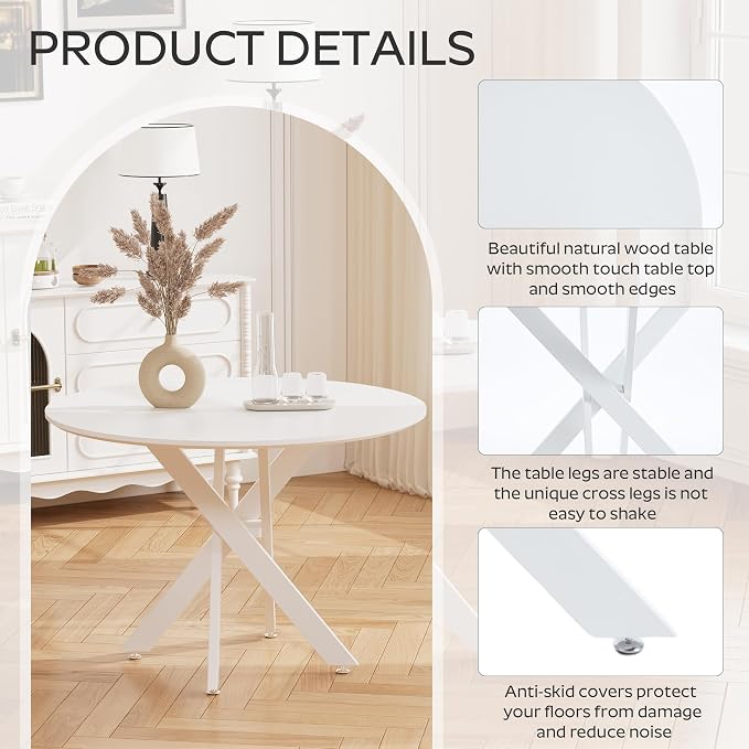 RGZ Mid Century White Round Dining Table Set for 2, 36" Small Wooden Circle Kitchen Table & 2 Light Gray PU Leather Kitchen Chairs, Dinner Table Set for Home, Apartment, Dining Room