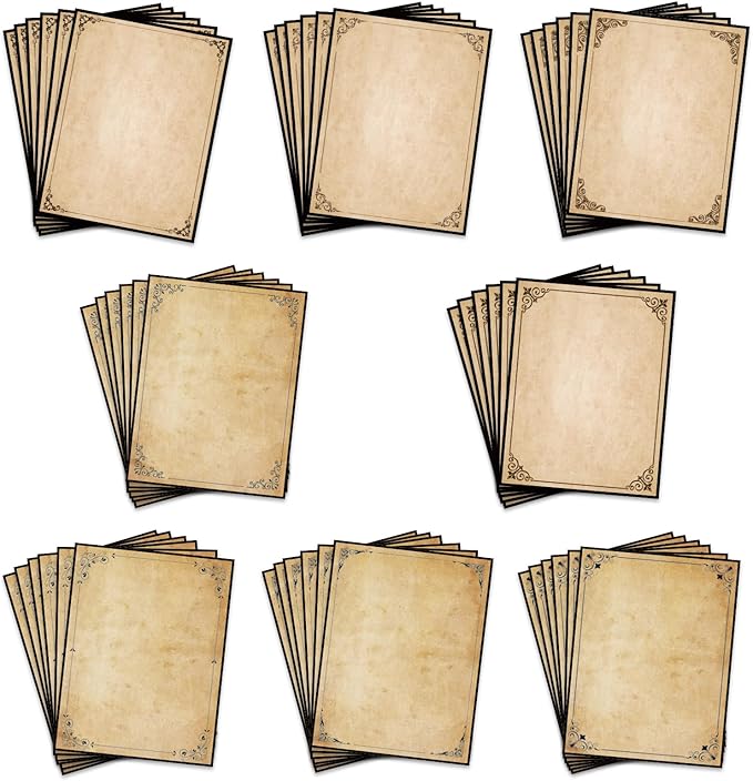 Tlenpo Stationery Vintage Antique Design Printing Writing Papers 8.5 x 11 in, 80 Sheets, Old Age Printer Papers, Retro Painted Border Letterhead, Double Sided Printing Paper, 8 Designs