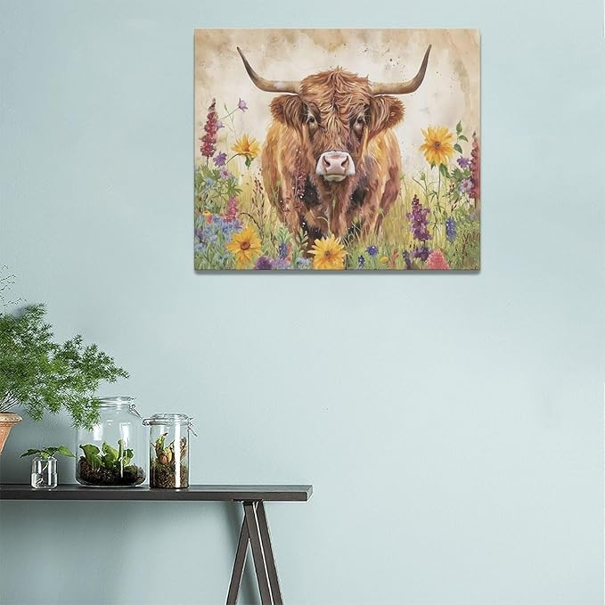 Highland Cow Wall Art Cow Pictures Wall Decor Flora Canvas Prints Painting Framed Artwork Office Home Decor For Bathroom Bedroom Dining Living Room 24L" x 20W"