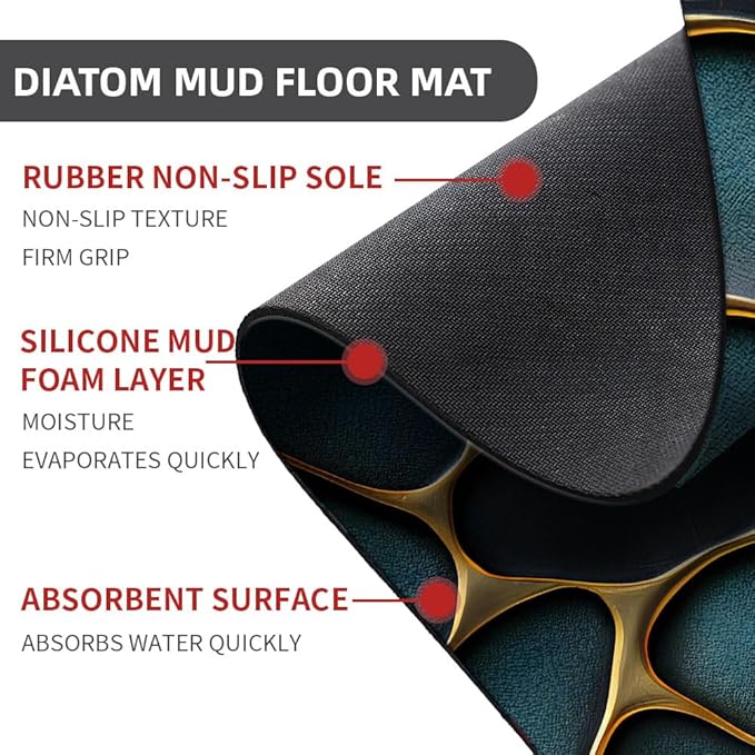 Diatomaceous Earth Bath Mat,Blue and Gold Stones Non-Slip Volume Super Absorbent Fast Drying for Bathroom Kitchen mat,Eco-Friendly Easy to Clean 20×31Inch (50 * 80cm)