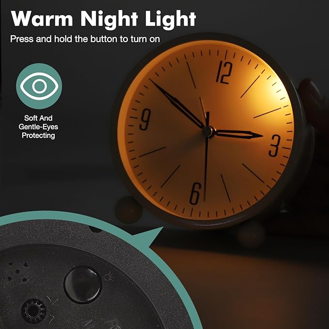Blusaryme Analog Alarm Clock - 4 Inch Super Silent Non-Ticking, Battery Operated Small Clock with Night Light, Elegant Bedside Desk Clock for Bedroom, Living Room, Office, Student Gift