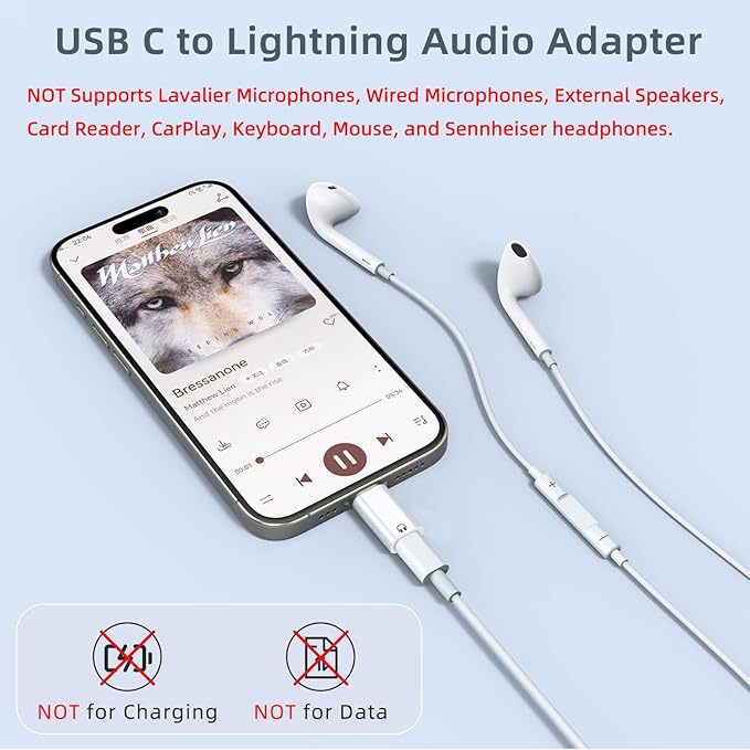 2 Pack USB C to Light-ning Audio Adapter Only for Apple EarPods Headphones, Not for Charging/Data Transfer, Light-ning to USB C Adapter for iPhone 16/15, iPad, White