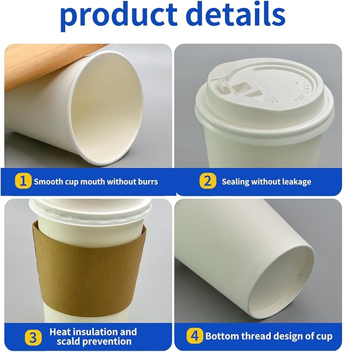 100 Pack 12oz Disposable Coffee Cups With Lids straws sleeves, Disposable cups, Paper Cup, Tea Cups for Hot To Go Coffee k cups with lids, Cupping set,Beverages, shop Home Office Party Travel