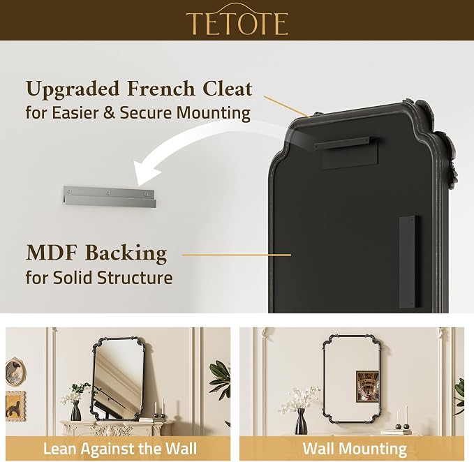 TETOTE Baroque Antique Black Scroll Wall Mirror 40 x 30 Vintage Rectangle Framed Baroque French Rectangular Mirror for Mantle Fireplace Bathroom Living Room, Horizontal/Vertical