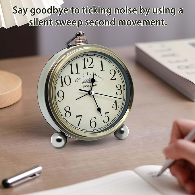 Oxmidud 5'' Retro Vintage Metal Desk Alarm Clock - Non-Ticking Silent Analog Table Clocks - Battery Operated Quartz Clock for Bedside Desk Table Bedrooms Living Room Home Office Decor
