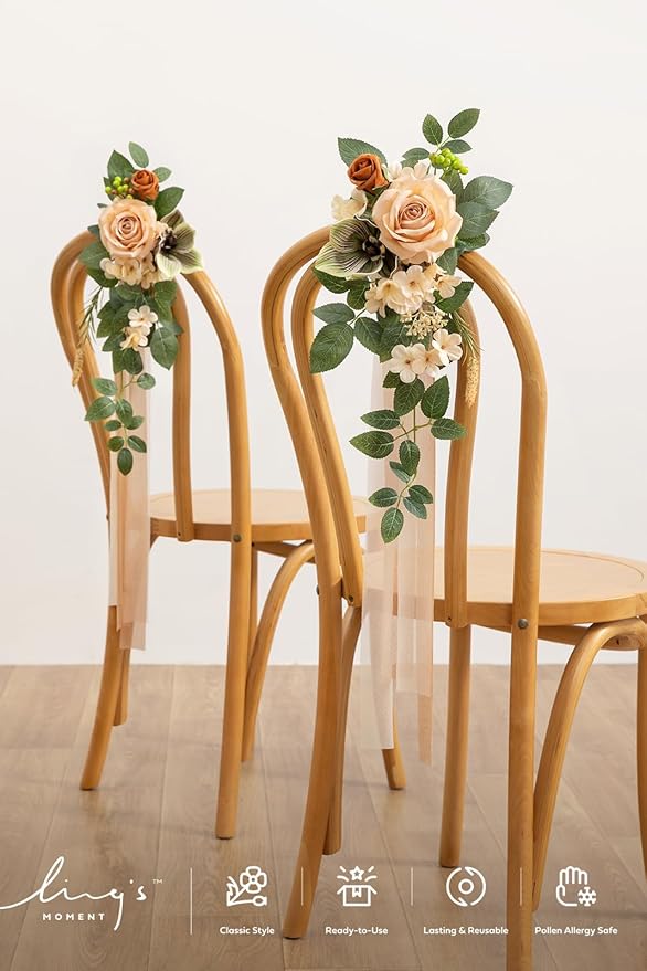 Ling's moment 8 Wedding Artificial Aisle Pew Flowers Chair Decorations Arrangements with Chiffon Ribbons Apricot Sage for Ceremony Reception Chair Back Floral Decor Reception Church Party Outdoor
