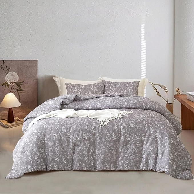 EAVD Garden Style Grey Floral Duvet Cover Twin XL Soft Cotton Chic Shabby Cute Floral Botanical Bedding Set with 2 Pillowcases Fresh Reversible Botanical Duvet Cover with Zipper Closure
