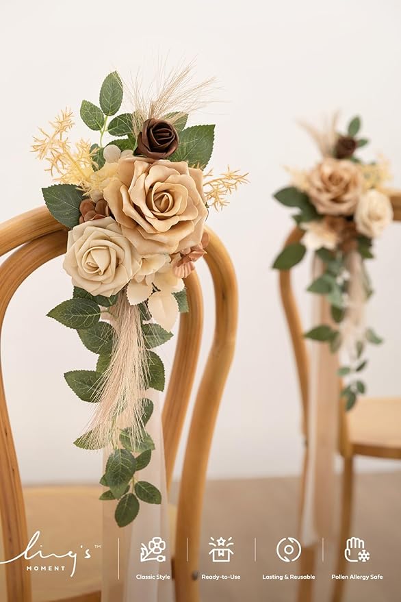 Ling's moment 8 Wedding Artificial Aisle Pew Flowers Chair Decorations Arrangements with Chiffon Ribbons Begie for Ceremony Reception Chair Back Floral Decor Reception Church Party Outdoor