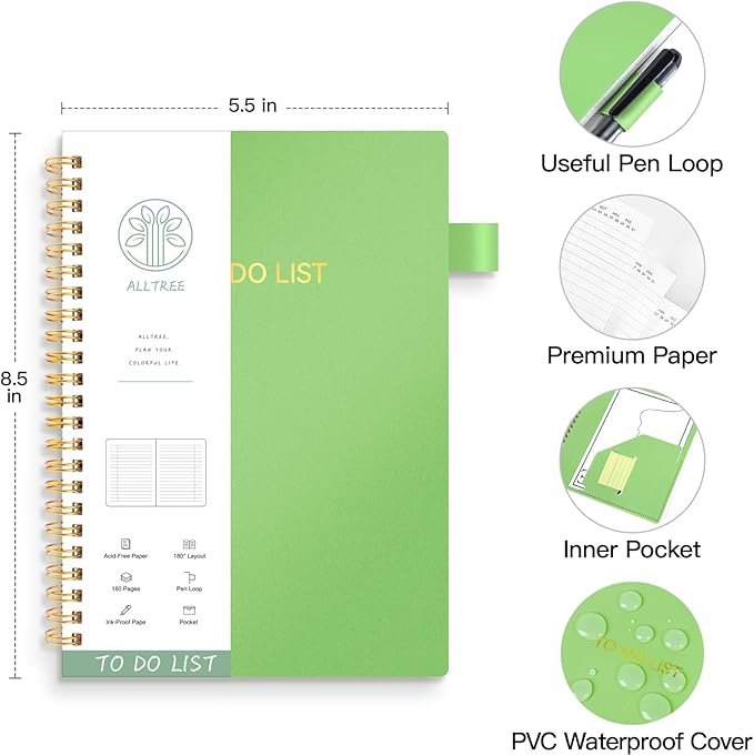 ALLTREE To Do List Notepad Spiral Planner, Daily Task Tracker with Wide lined Notebooks, Work Planner with Pocket, Pen Loop, 160 Pages, Green (5.5"x8.5")