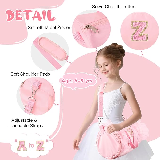 Personalized Initial Dance Bag for Girls 6-9, Medium Lace Gym Sport Yoga Cheer Dance Bags Gift for Teen Girls, Cute Letter Kids Ballet Bag Toddler Travel Duffel Tote with Adjustable Straps(Pink-Z)
