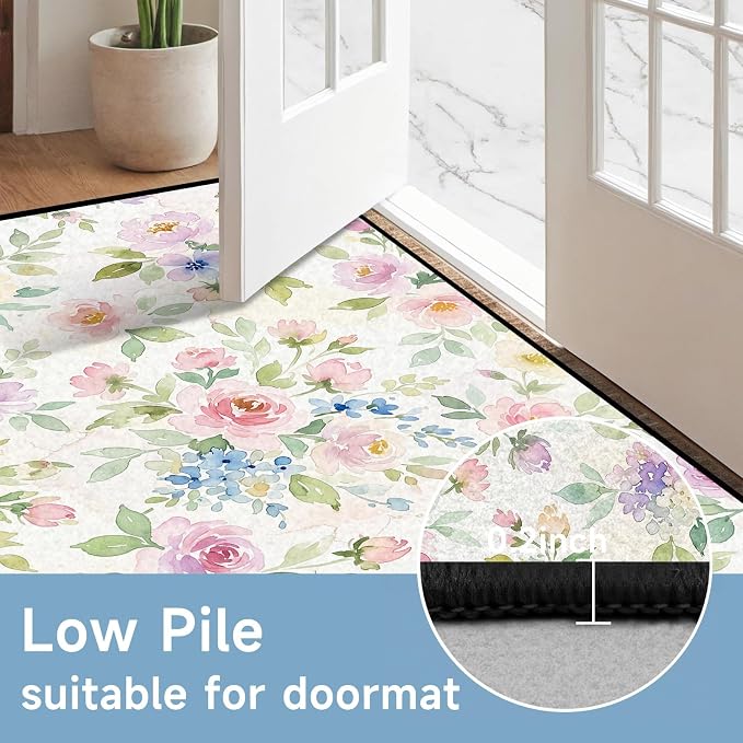 Watercolor Floral Rug 2'x3' Soft Pastel Botanical Area Rug for Entryway Bedroom Living Room Nursery Kitchen Playroom Home Decor Low Pile Non-Slip Washable Carpet