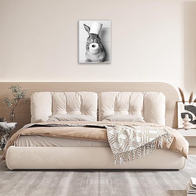 Bunny Bathroom Wall Art, Rabbit Pictures Wall Decor, Animal Canvas Prints Painting, Framed Artwork For Bathroom Living Room Bedroom Office Dining Room 20"X16"