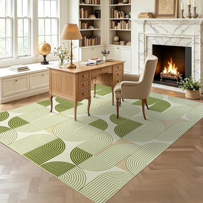 Rugs for Living Room, Soft Green Area Rug for Bedroom 4x6, Washable Mid Century Modern Rug, Non Slip Indoor Floor Boho Low Pile Abstract Carpet for Dining Room Nursery Office Home