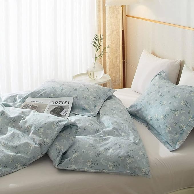 Garden Style Boho Floral Comforter Set Queen Size Fluffy Soft Botanical Blue Flowers Leaves Floral Bedding Comforter Set for Girls Women Vintage Flowers Comforter with 2 Pillowcases All Seasons
