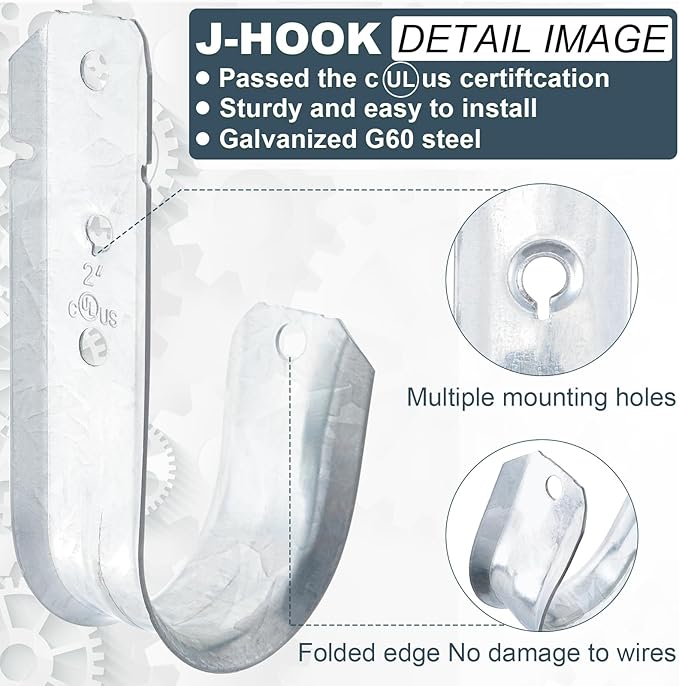 COCODE 25 Pack Wall Mount 2’’ J Hooks with Retainer Clip Galvanized Steel Cable Hangers Heavy Duty Utility Hooks Cable Management Support for Structured Cabling