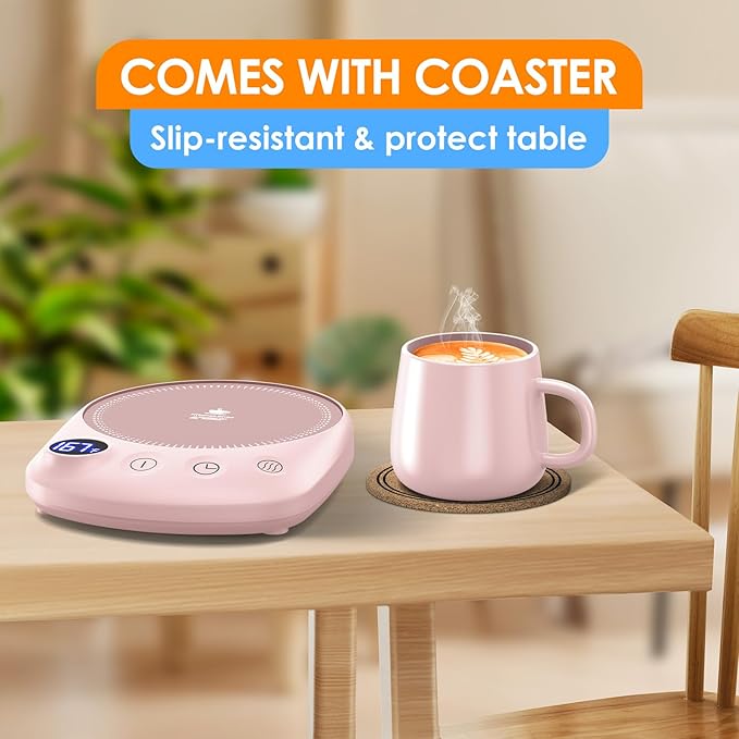 KitchekShop Coffee Mug Warmer - Fastest Heating & Highest Temperature, Coffee Cup Warmer for Desk Auto Shut Off, 4 Temp Settings & 1-12H Timer, Smart Electric Beverage Warmer for Coffee, Tea (Pink)