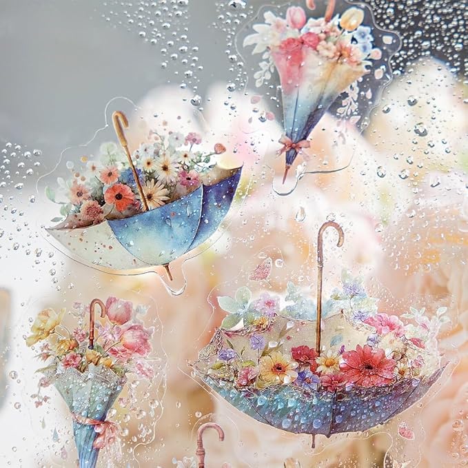 Dwpetzo 120Pcs Aesthetic Scrapbook Stickers for Scrapbooking, 6 Assorted Set Watercolor Umbrella Floral Decorative PET Stickers for Journaling, Junk Journal Supplies, Bujo, Collage, Craft Arts