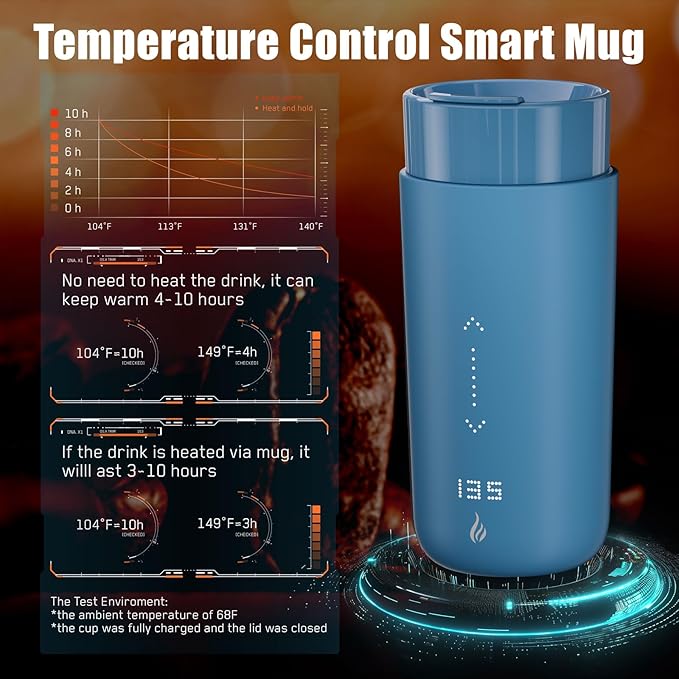 LEGARDLILIU Temperature Control Heated Coffee Mug Smart Self Heating Travel Mug 12 Oz App Controlled Warmer Mug 4-10 Hour LED Display Keep Coffee Hot Fast Wireless Charger Base Lake Blue
