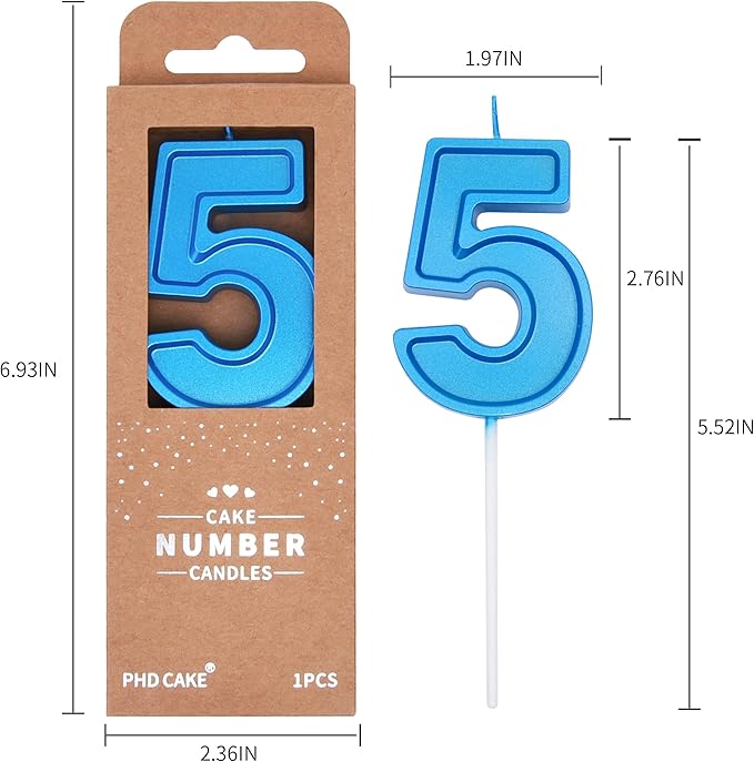 PHD CAKE 2.76 Inch Luxe Blue 5 Number Birthday Candles, Blue Number Candles, Cake Number Candles, Party Celebration