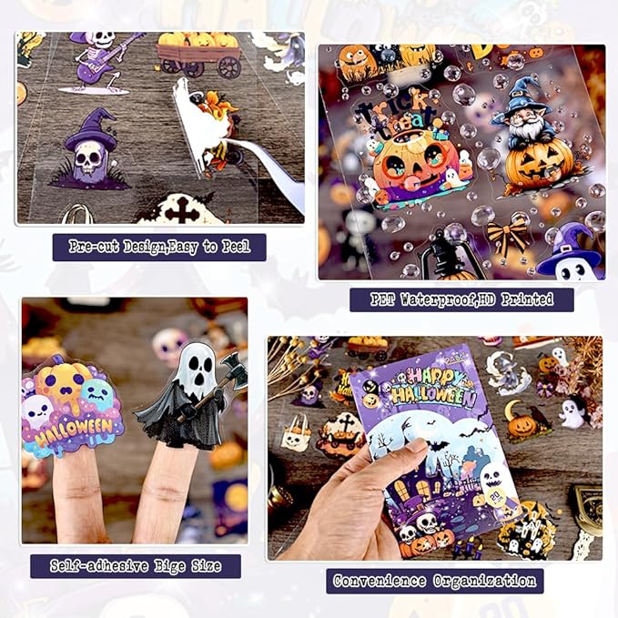 Dwpetzo Transparent Halloween Scrapbook Stickers Book, 20 Sheets Diecut PET Stickers for Journaling, Purple Vintage Spooky Theme for Scrapbooking, Junk Journal Supplies, Planner, Bujo, Crafts Arts