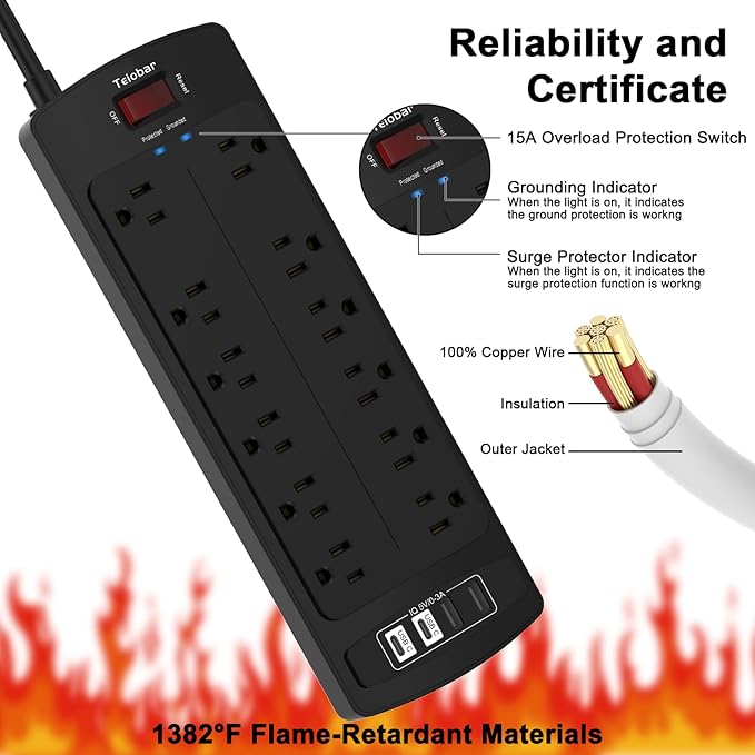 6 Ft Extension Cord Power Strip, Teiobar Surge Protector with 12 AC Outlets and 4 USB Ports for Home, Office, Dorm Essentials, 1875W/15A, 2700 Joules, ETL Listed, Black