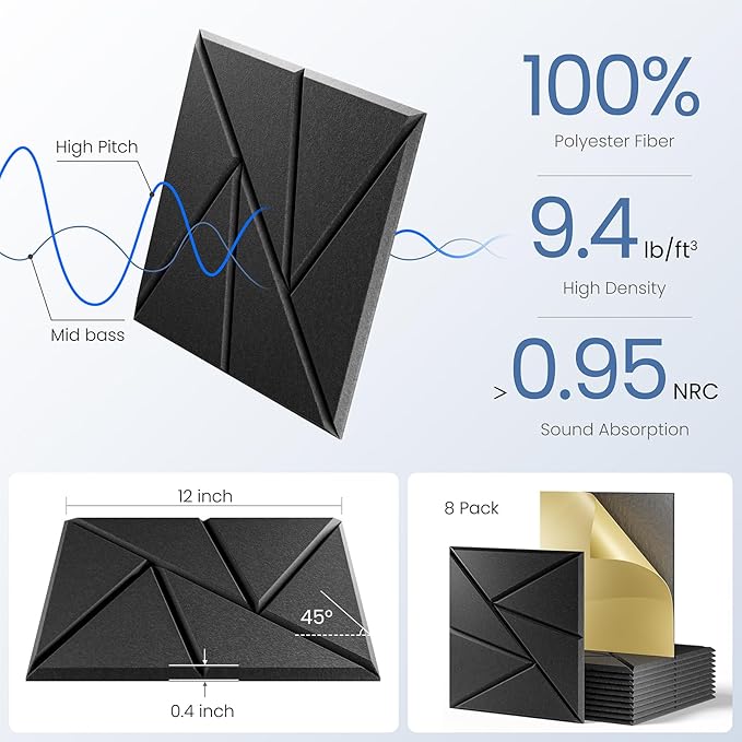 8 Pack Acoustic Panels with Self-Adhesive, 12"X 12"X 0.4"Sound Proof Foam Panels, Sound Panels High Density, Soundproof Wall Panels for Home Studio Office-Black