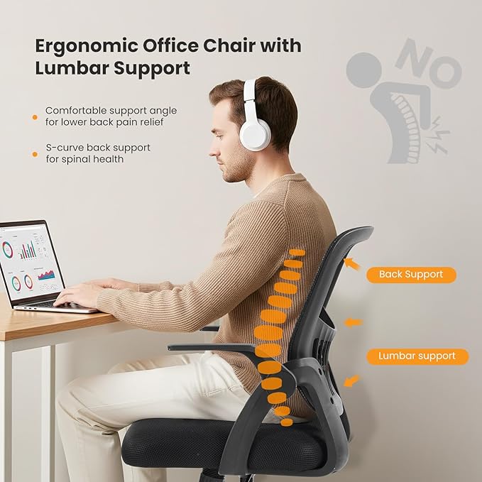 Sweetcrispy Home Office Managerial Executive Chair, Flip Up Armrest Ergonomic Mesh Adjustable Swivel Mid-Back Computer Desk Chair with Comfortable Lumbar Support, Comfy Arms for Bedroom,Study