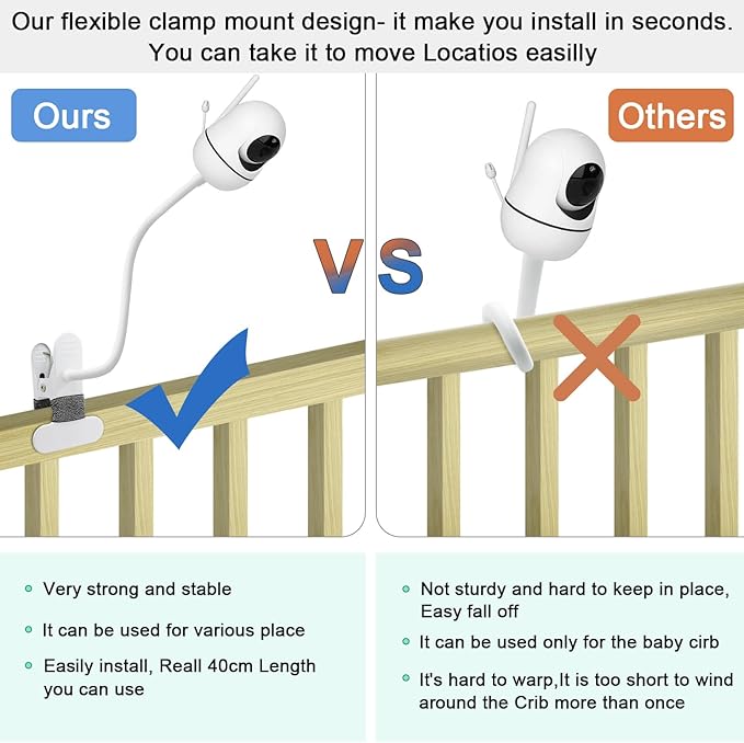 15.7 inches Baby Monitor Mount Compatible with HelloBaby HB6560/HB65/HB6550/ pro/HB66/HB248/HB6240/HB6351/ HB6339/,ANMEATE SM935E Baby Monitor Camera,Flexible Clip Clamp Mount Long Gooseneck Arm