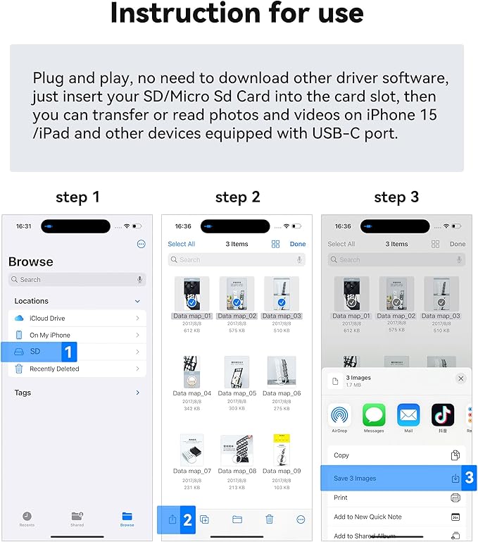USB C SD Card Reader for iPhone 15 16/iPad/MacBook/Mac, xdgeLoad USB-C Type C SD Reader Supports SD and MicroSD Memory Card Adapter, Trail Camera Viewer Plug and Play - 2 Slots