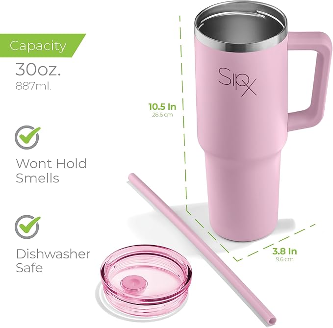 SIPX™ 30 oz Insulated Tumbler with Handle & Straw – Vacuum Insulated Stainless Steel, Leakproof, Cupholder Friendly – Perfect for Iced Coffee, Water & Travel – Pink