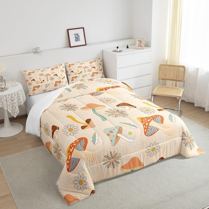 Castle Fairy 60s 70s Retro Mushroom Bedding Comforters King Size,Groovy Flowers Floral Duvet Set for Bedroom Decor,Boho Art Durable Comforter Set with 2 Pillowcases