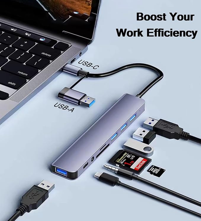 USB C Hub USB Hub 3.0 with SD/TF Card Reader, 3.5mm Headphone Aux Jack, 8-in-1 USB Splitter for MacBook Pro Air, XPS, Surface and More PC/Laptop/Tablet Devices