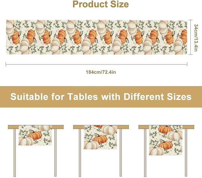 Fall Pumpkin Table Runner White Orange Vegetables Seeds Parsley Watercolor Hand-Painted Illustration Home Decor for Farmhouse Indoor Outdoor Party Holiday Dining Kitchen Restaurant Cafe W13xL120in