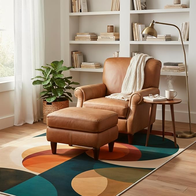 Mid Century Geometric Area Rug 6x9 – Retro Abstract Circle Pattern Rug for Living Room & Bedroom, Low Pile Washable Indoor Rug with Non-Slip Backing