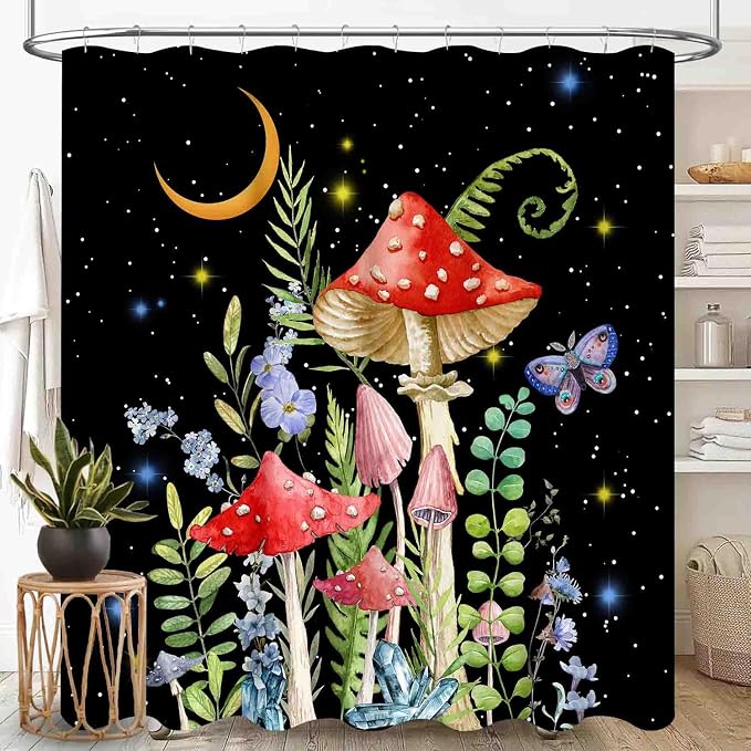 Mushroom Shower Curtain for Bathroom, Magic Gothic Fairy Forest Botanical Vintage Mushroom Wildflower Plants Herbs Farmhouse Country Waterproof Fabric Shower Curtain Set with Hooks, 72"x84" Inch