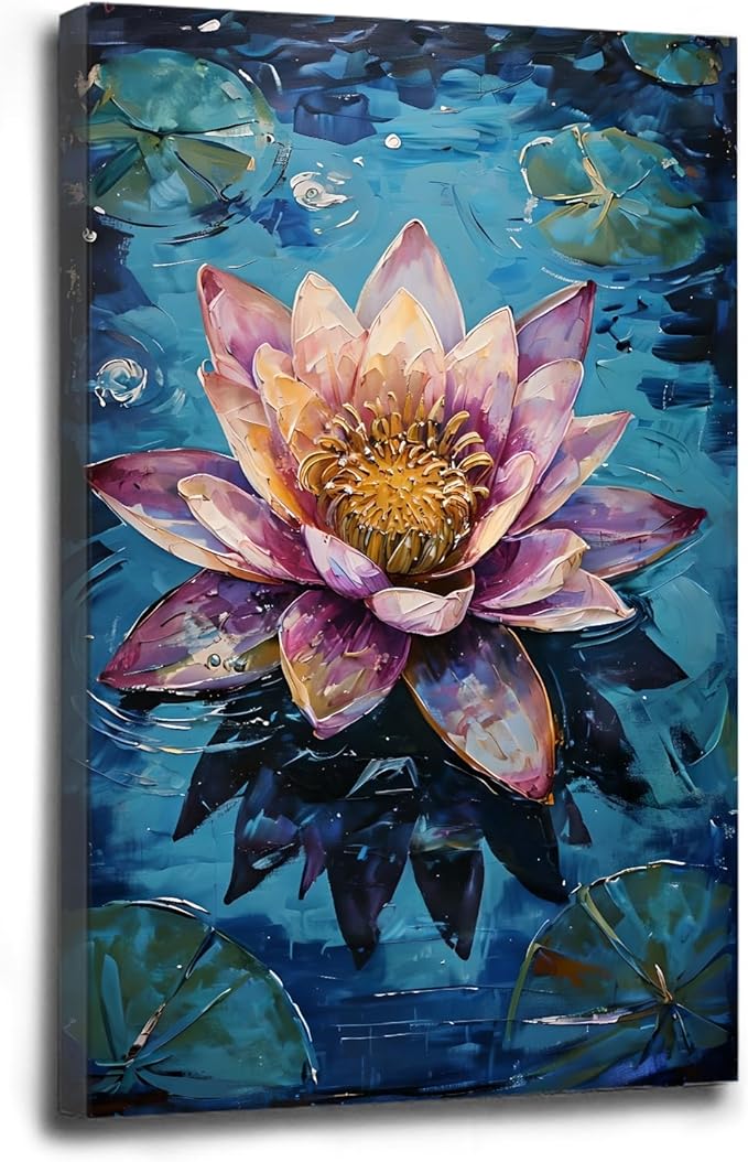 Gorgeous pink and purple water lilies on deep blue water Eye-catching oil painting Serene aquatic wall art for modern home decor 28x40in Wood Framed