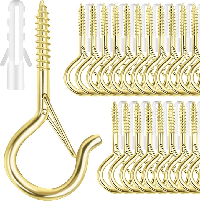 35 PCS Screw-in Hooks for Outdoor String Lights, Q Hangers Hooks Outdoor for Outside, Swivel Hanging Basket Patio Light Hooks with Safe Buckle Screw in Planter Eye Hook for Wall Ceiling, Gold