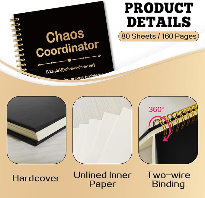 YAZMEEN Chao Coordinator Black Gold Spiral Notebook（160 Pages） Chao Coordinator Definition Hardcover Notebook Employee Appreciation Gift Office Humor Gift Funny Birthday Gift for Teacher Boss Leader