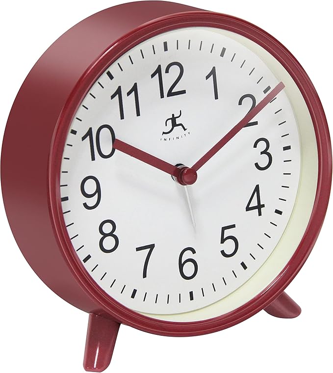 Infinity Instruments Plastic 5.75" Indoor Tabletop Alarm Clock with Quartz Movement for Accurate Time Keeping, Red