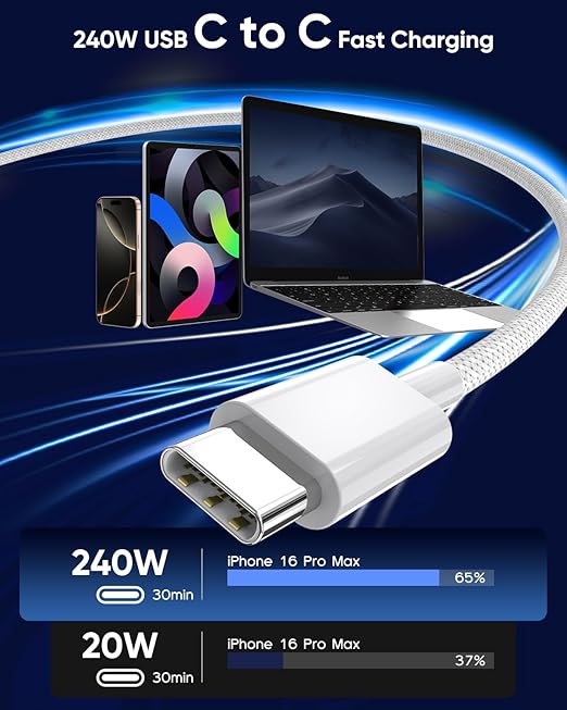 USB C to USB C,240W USB-C Woven Charge Cable,6.6ft 2Pack USB C Cable Fast Charging Cord for Apple MacBook Pro/MacBook Air,iPad Pro/Air,iPad mini,iPhone 16 15 Pro Max Plus Compatible 140W/100W/60W/45W